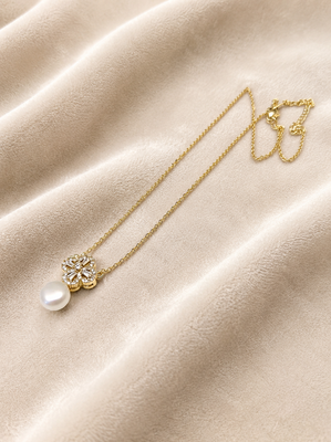 Pearl drop pendant necklace with floral cz, gold-tone chain 1