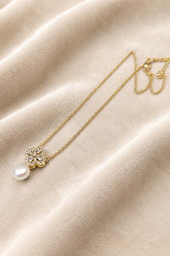 Pearl drop pendant necklace with floral cz, gold-tone chain