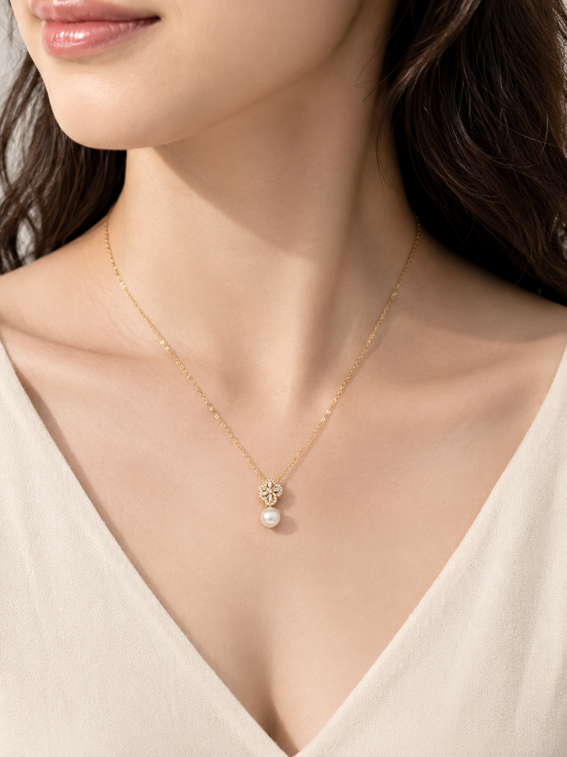 Pearl drop pendant necklace with floral cz, gold-tone chain