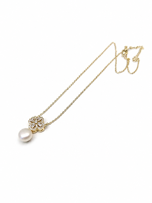 Pearl drop pendant necklace with floral cz, gold-tone chain 3