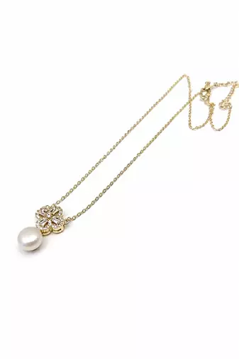 Pearl drop pendant necklace with floral cz, gold-tone chain