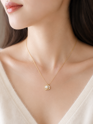 Pearl flower pendant necklace with crystal accents, gold tone 2