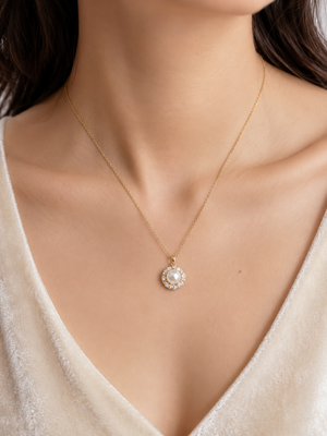 Pearl pendant necklace with crystal halo, gold-tone chain 2