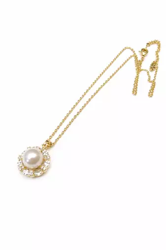 Pearl pendant necklace with crystal halo, gold-tone chain