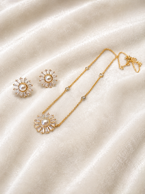 Pearl & cz baguette sunflower necklace and earrings jewellery set 1