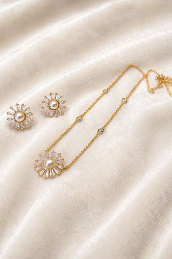 Pearl & cz baguette sunflower necklace and earrings jewellery set