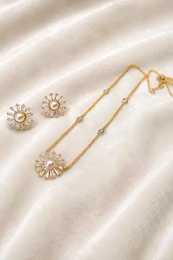 Pearl & cz baguette sunflower necklace and earrings jewellery set