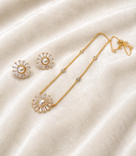 Pearl & cz baguette sunflower necklace and earrings jewellery set