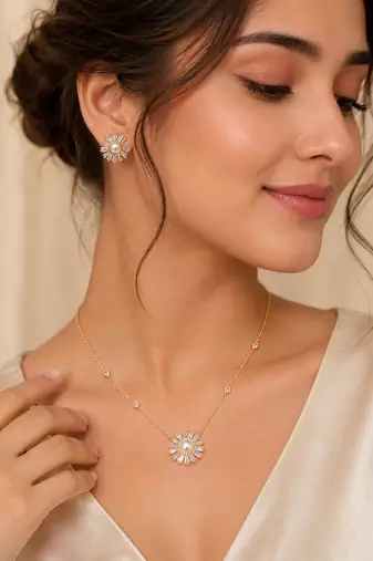 Pearl & cz baguette sunflower necklace and earrings jewellery set