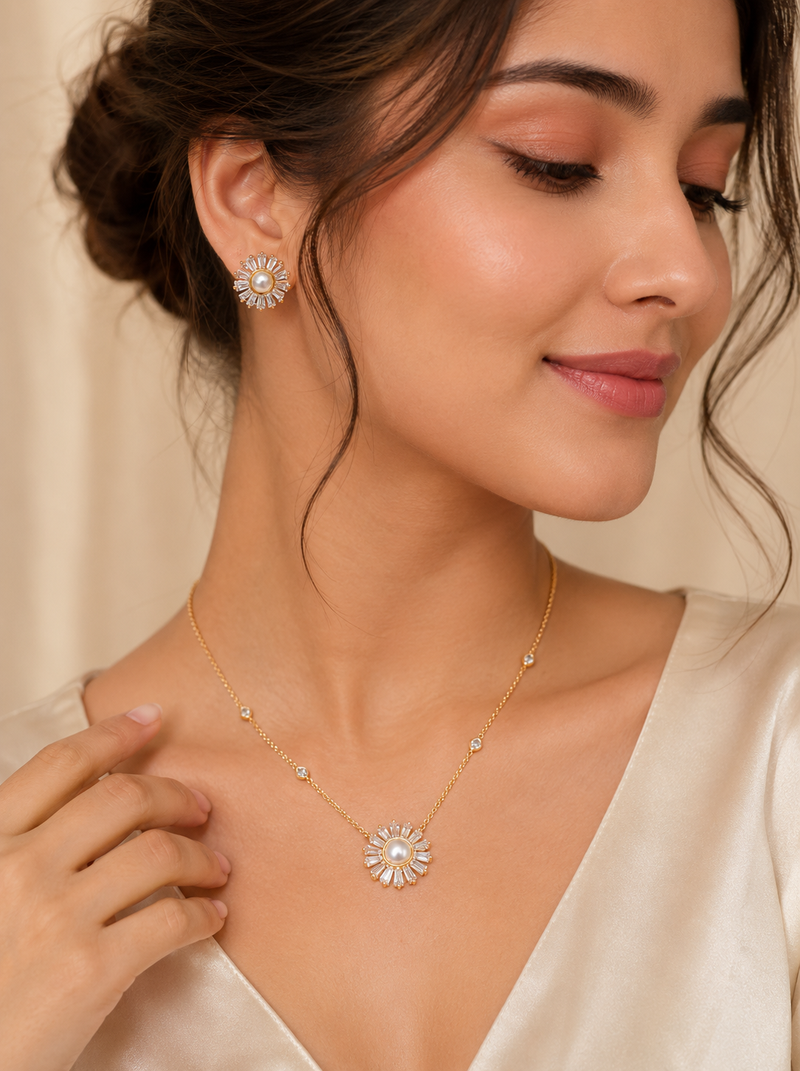 Pearl & cz baguette sunflower necklace and earrings jewellery set