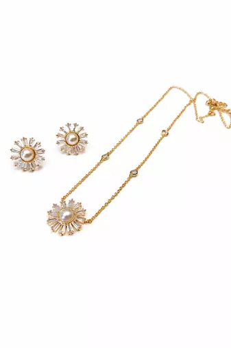 Pearl & cz baguette sunflower necklace and earrings jewellery set