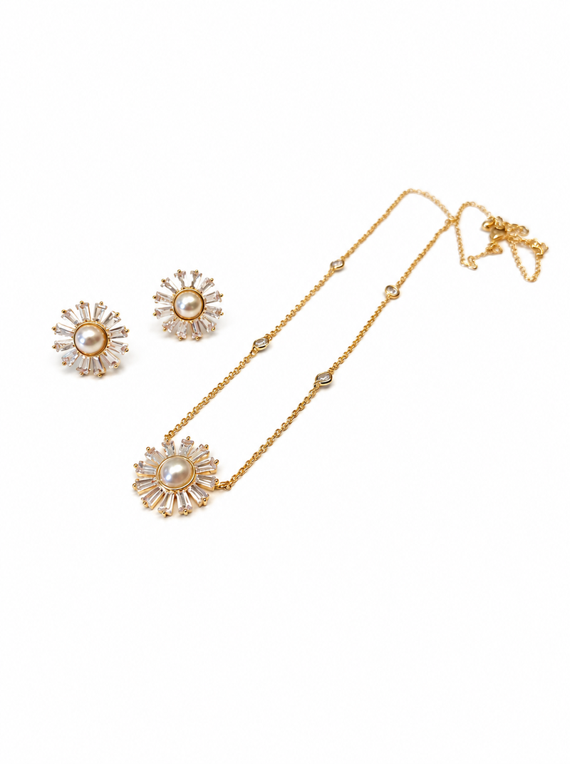 Pearl & cz baguette sunflower necklace and earrings jewellery set