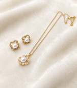 Pearl & crystal flower pendant necklace and stud earrings set