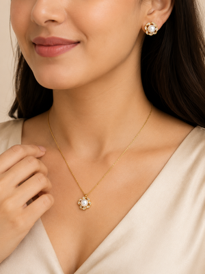 Pearl & crystal flower pendant necklace and stud earrings set 2