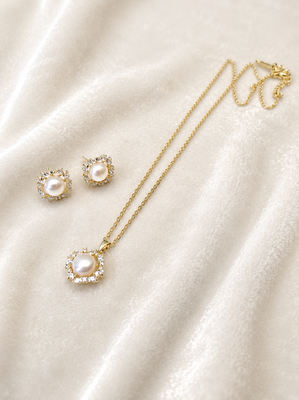 Pearl and crystal halo pendant necklace and stud earrings set 1