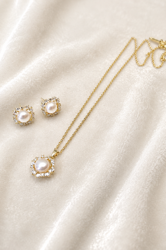 Pearl and crystal halo pendant necklace and stud earrings set