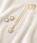 Pearl and crystal halo pendant necklace and stud earrings set