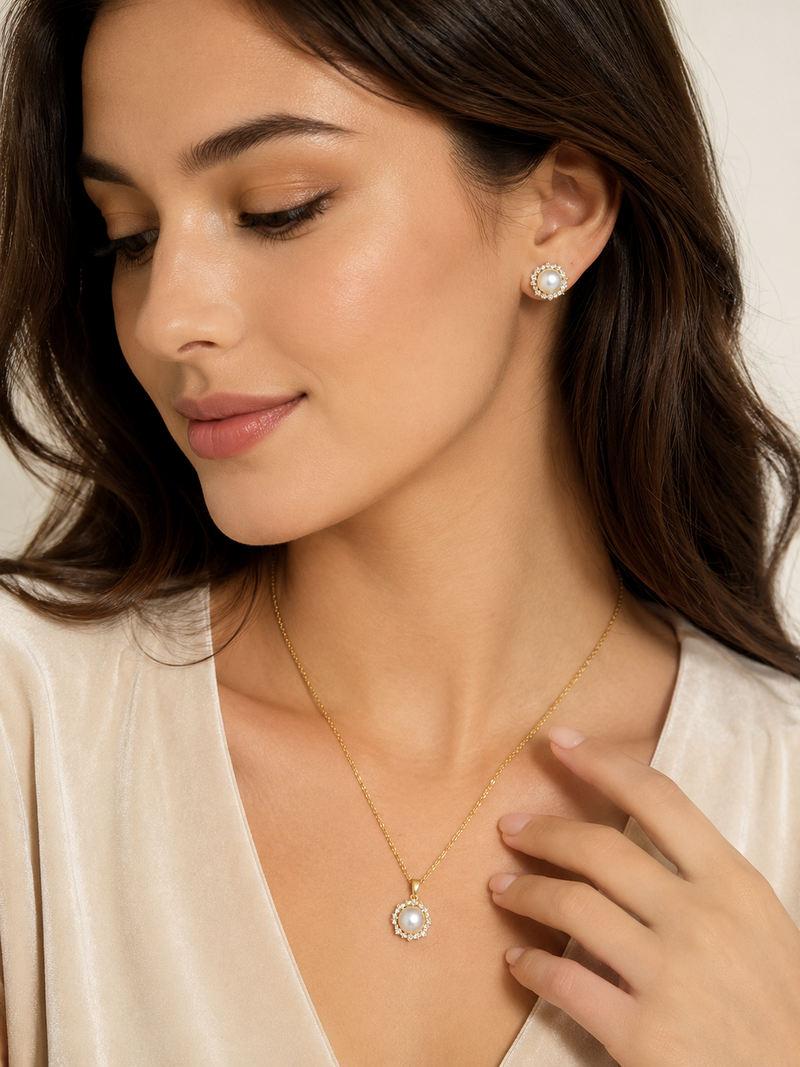 Pearl and crystal halo pendant necklace and stud earrings set