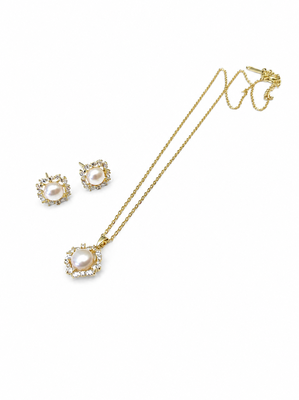 Pearl and crystal halo pendant necklace and stud earrings set 3