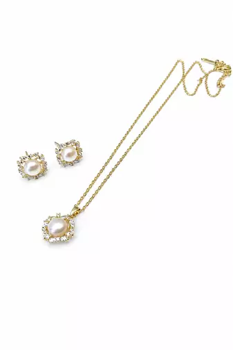 Pearl and crystal halo pendant necklace and stud earrings set