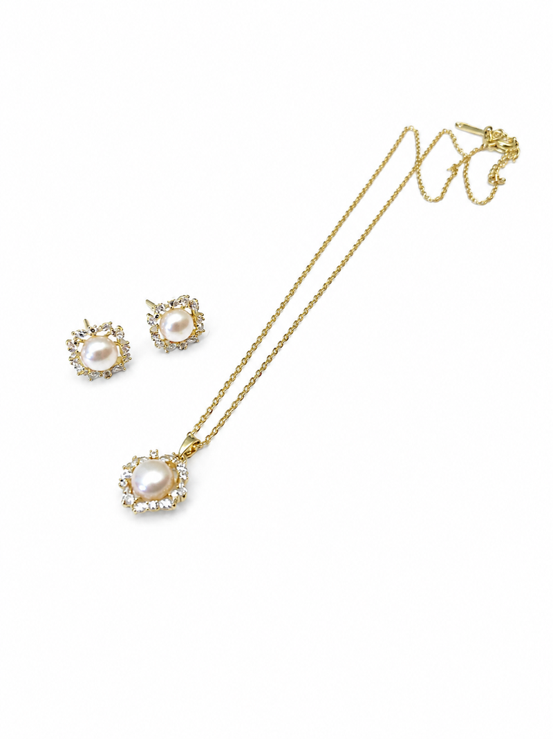 Pearl and crystal halo pendant necklace and stud earrings set