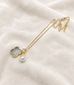 Mother of pearl clover and freshwater pearl pendant necklace