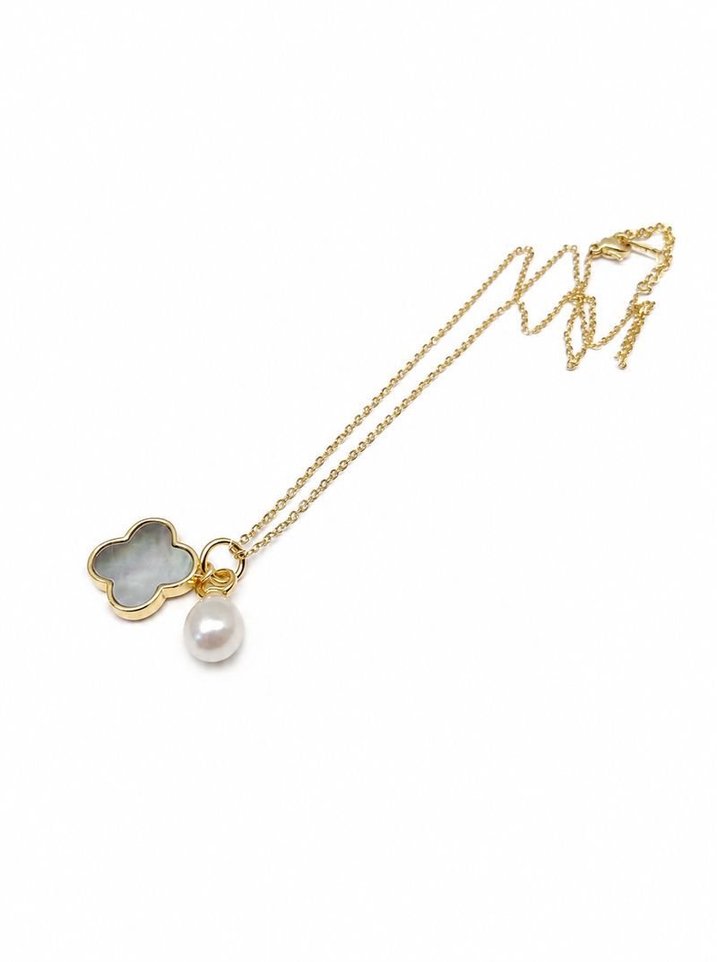 Mother of pearl clover and freshwater pearl pendant necklace