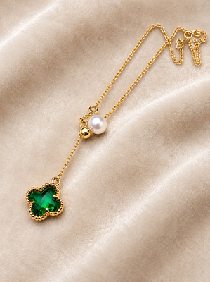 Green clover & pearl lariat necklace, gold-tone chain 1