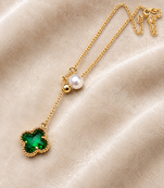 Green clover & pearl lariat necklace, gold-tone chain