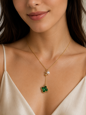 Green clover & pearl lariat necklace, gold-tone chain 2