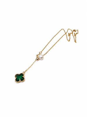 Green clover & pearl lariat necklace, gold-tone chain 3