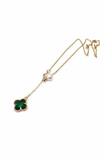 Green clover & pearl lariat necklace, gold-tone chain