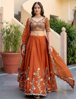 Orange Thread & Sequins Emroidery  Silk blend Lehenga Choli With Dupatta 7