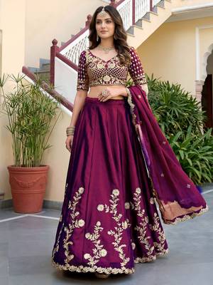 Wine Thread & Sequins Emroidery  Silk blend Lehenga Choli With Dupatta 7