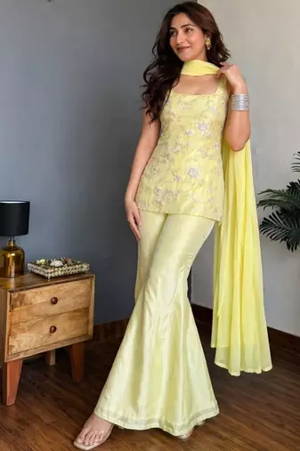 embroidery work faux georgette straight kurta palazzo and dupatta set
