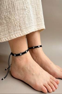 Minimalist Black Macrame Anklet with Silver Flower Charms | Adjustable Boho Foot Jewelry | Handcrafted Thread Anklet 1