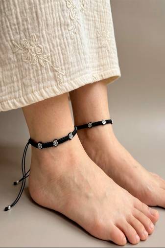 Minimalist Black Macrame Anklet with Silver Flower Charms | Adjustable Boho Foot Jewelry | Handcrafted Thread Anklet