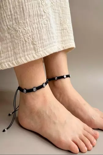 Minimalist Black Macrame Anklet with Silver Flower Charms | Adjustable Boho Foot Jewelry | Handcrafted Thread Anklet