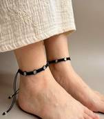 Minimalist Black Macrame Anklet with Silver Flower Charms | Adjustable Boho Foot Jewelry | Handcrafted Thread Anklet