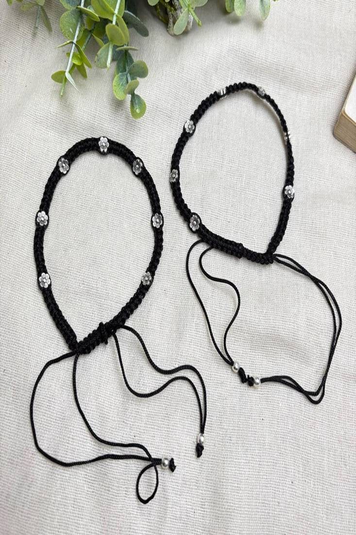 Minimalist Black Macrame Anklet with Silver Flower Charms | Adjustable Boho Foot Jewelry | Handcrafted Thread Anklet