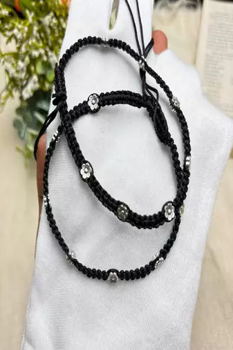 Minimalist Black Macrame Anklet with Silver Flower Charms | Adjustable Boho Foot Jewelry | Handcrafted Thread Anklet