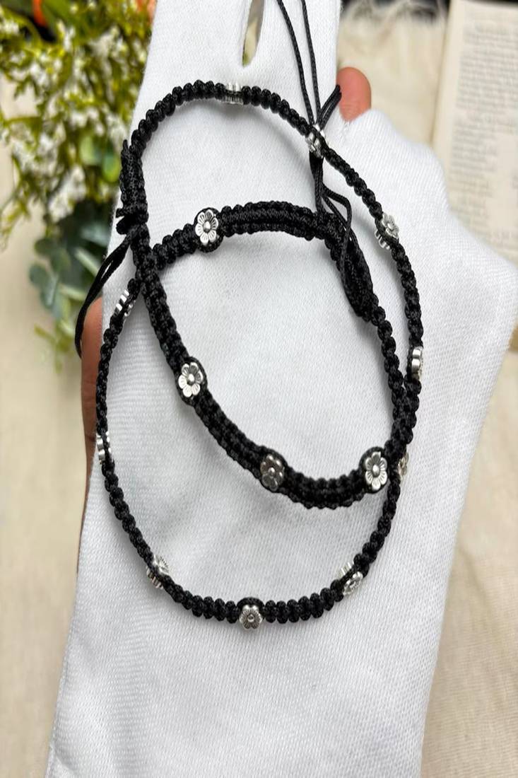 Minimalist Black Macrame Anklet with Silver Flower Charms | Adjustable Boho Foot Jewelry | Handcrafted Thread Anklet