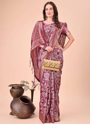 Mauve floral print cotton silk blend saree with zari pallu 1