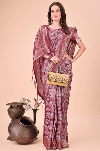 Mauve floral print cotton silk blend saree with zari pallu