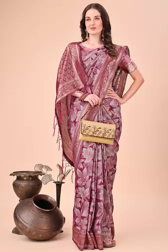Mauve floral print cotton silk blend saree with zari pallu