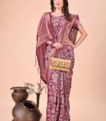 Mauve floral print cotton silk blend saree with zari pallu