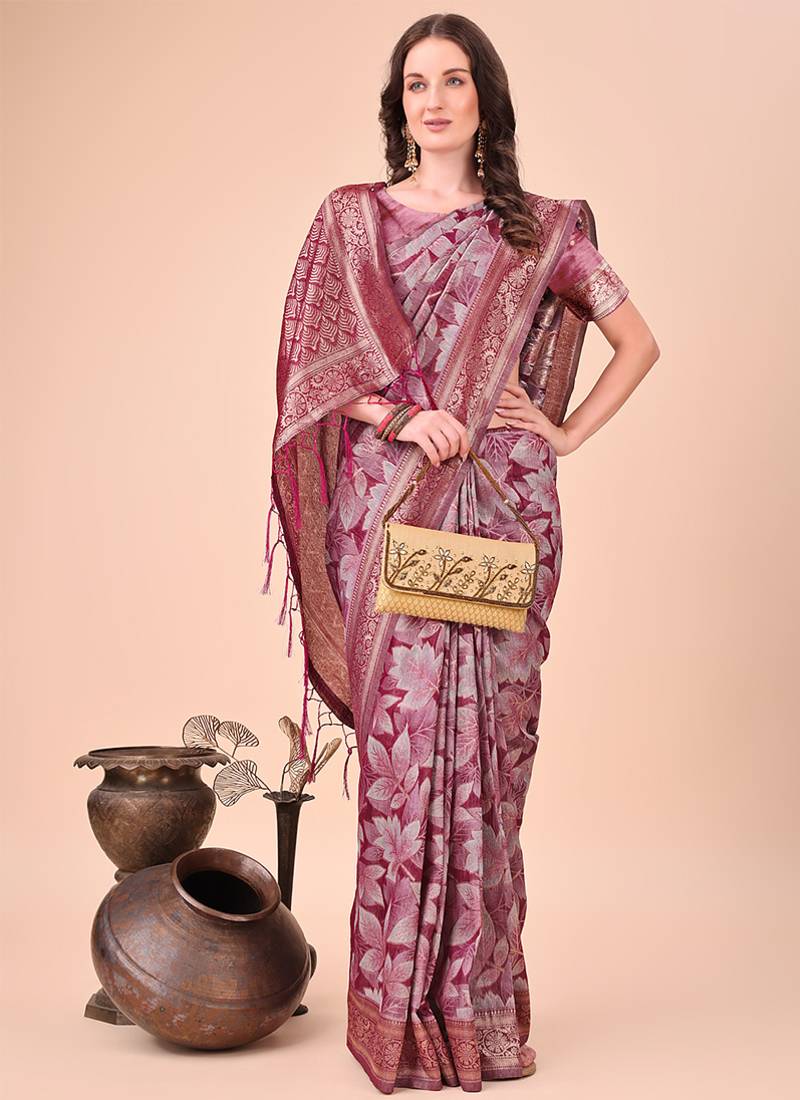 Mauve floral print cotton silk blend saree with zari pallu