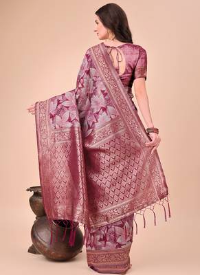Mauve floral print cotton silk blend saree with zari pallu 2
