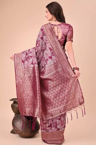 Mauve floral print cotton silk blend saree with zari pallu
