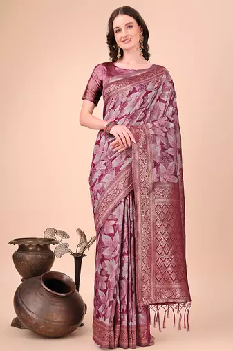 Mauve floral print cotton silk blend saree with zari pallu